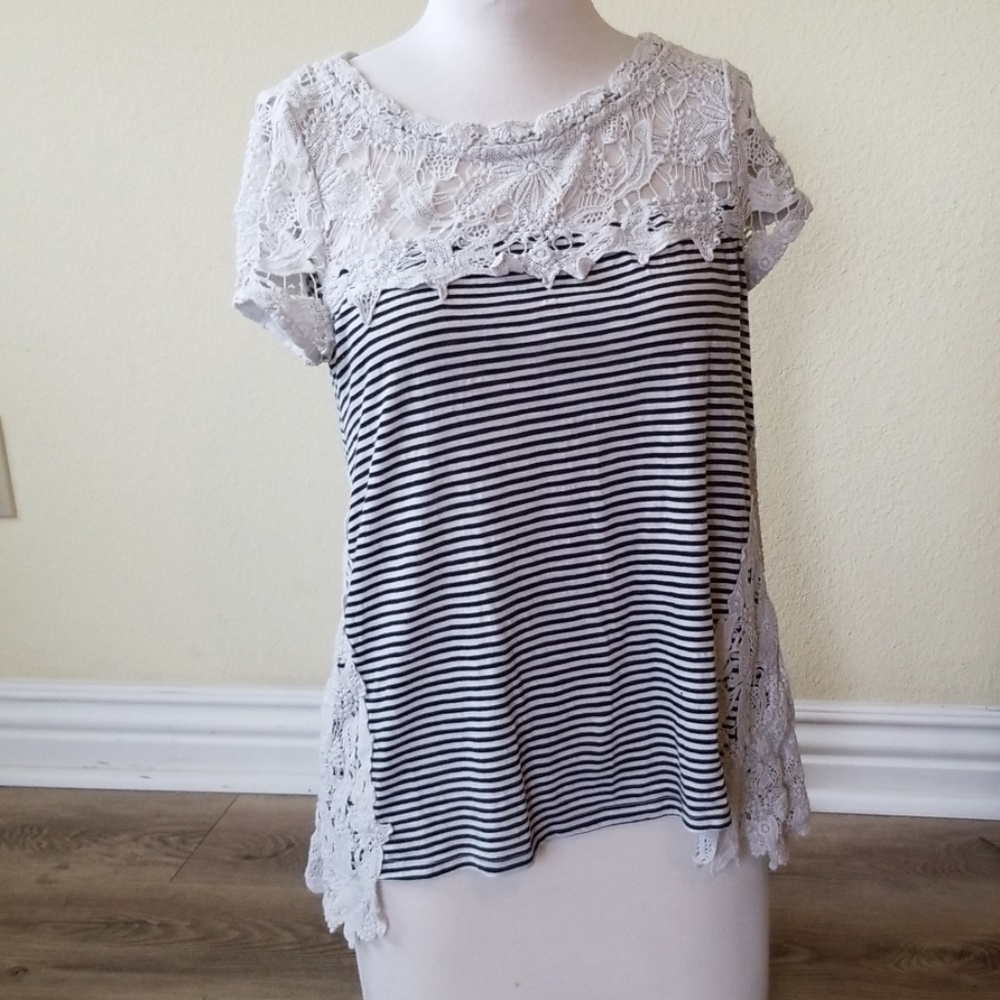 Meadow Rue lace and striped short sleeve blouse